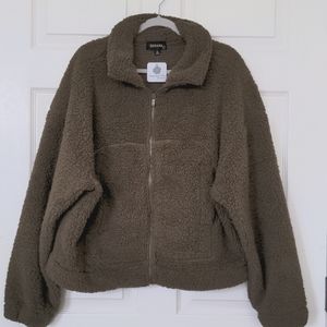 NWT Zenana Outfitters Super soft Dark Olive Full Zip Sherpa Jacket With …